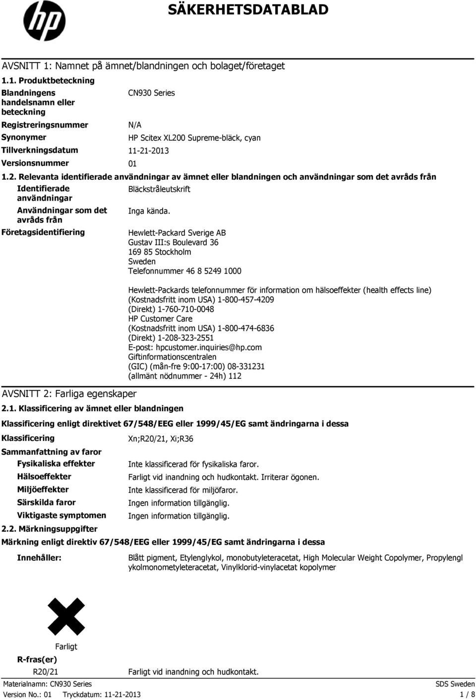 1. Produktbeteckning Blandningens handelsnamn eller beteckning Registreringsnummer Synonymer CN930 Series N/A Tillverkningsdatum 1121