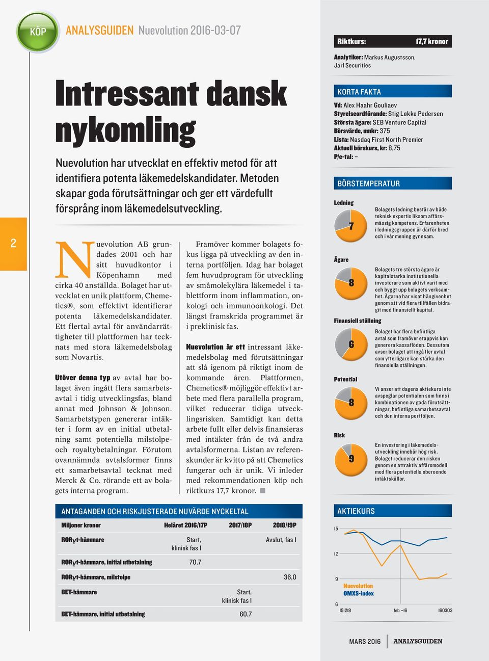 Nuevolution AB grundades 2001 och har sitt huvudkontor i Köpenhamn med cirka 40 anställda. Bolaget har utvecklat en unik plattform, Chemetics, som effektivt identifierar potenta läkemedelskandidater.