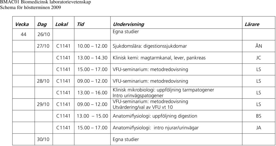 00 VFU-seminarium: metodredovisning C1141 13.00 16.00 29/10 C1141 09.00 12.