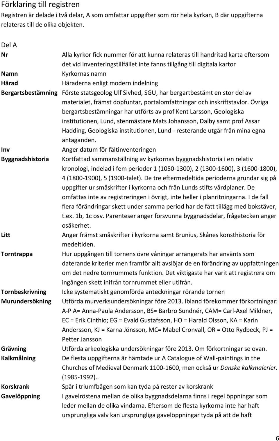 enligt modern indelning Bergartsbestämning Förste statsgeolog Ulf Sivhed, SGU, har bergartbestämt en stor del av materialet, främst dopfuntar, portalomfattningar och inskriftstavlor.
