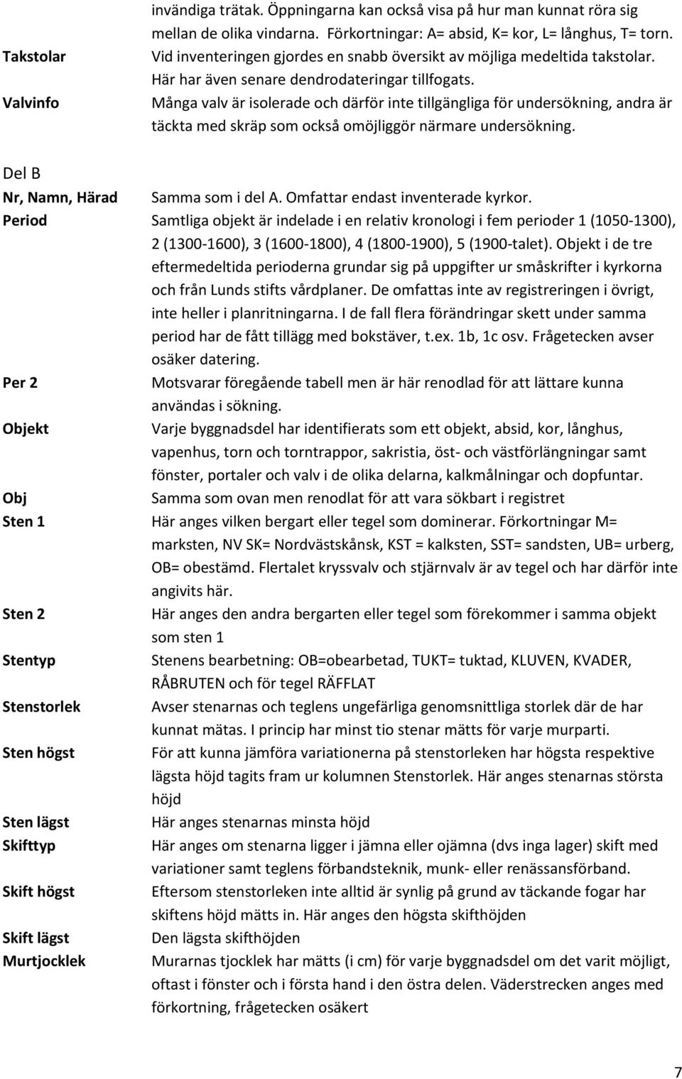 Många valv är isolerade och därför inte tillgängliga för undersökning, andra är täckta med skräp som också omöjliggör närmare undersökning. Del B Nr, Namn, Härad Samma som i del A.