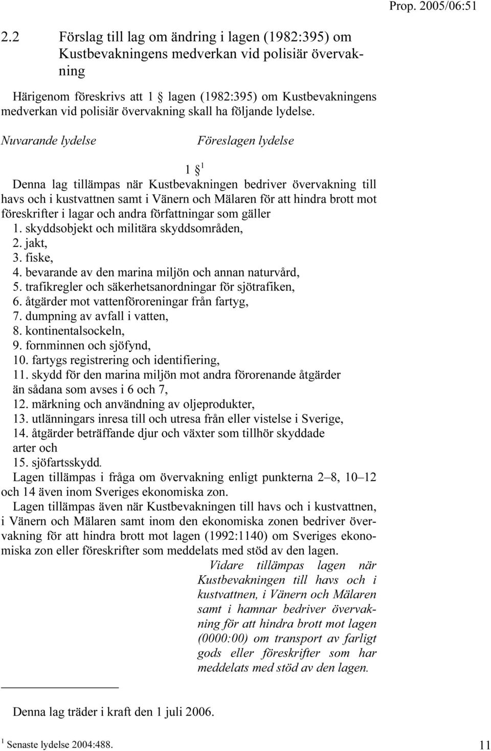 Nuvarande lydelse Föreslagen lydelse 1 1 Denna lag tillämpas när Kustbevakningen bedriver övervakning till havs och i kustvattnen samt i Vänern och Mälaren för att hindra brott mot föreskrifter i