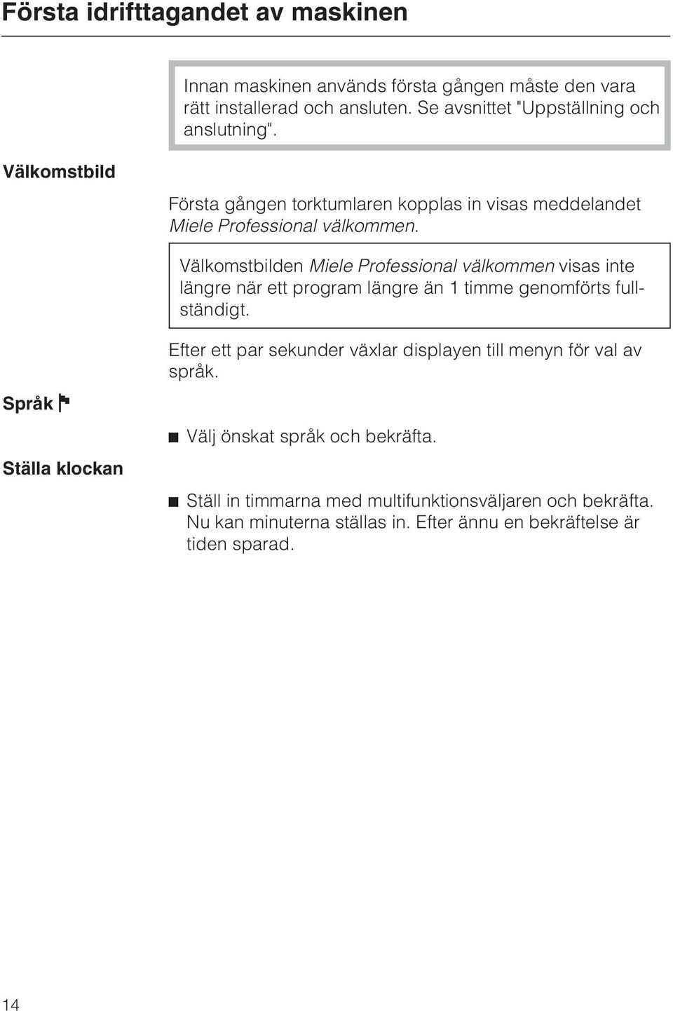 Välkomstbilden Miele Professional välkommen visas inte längre när ett program längre än 1 timme genomförts fullständigt.