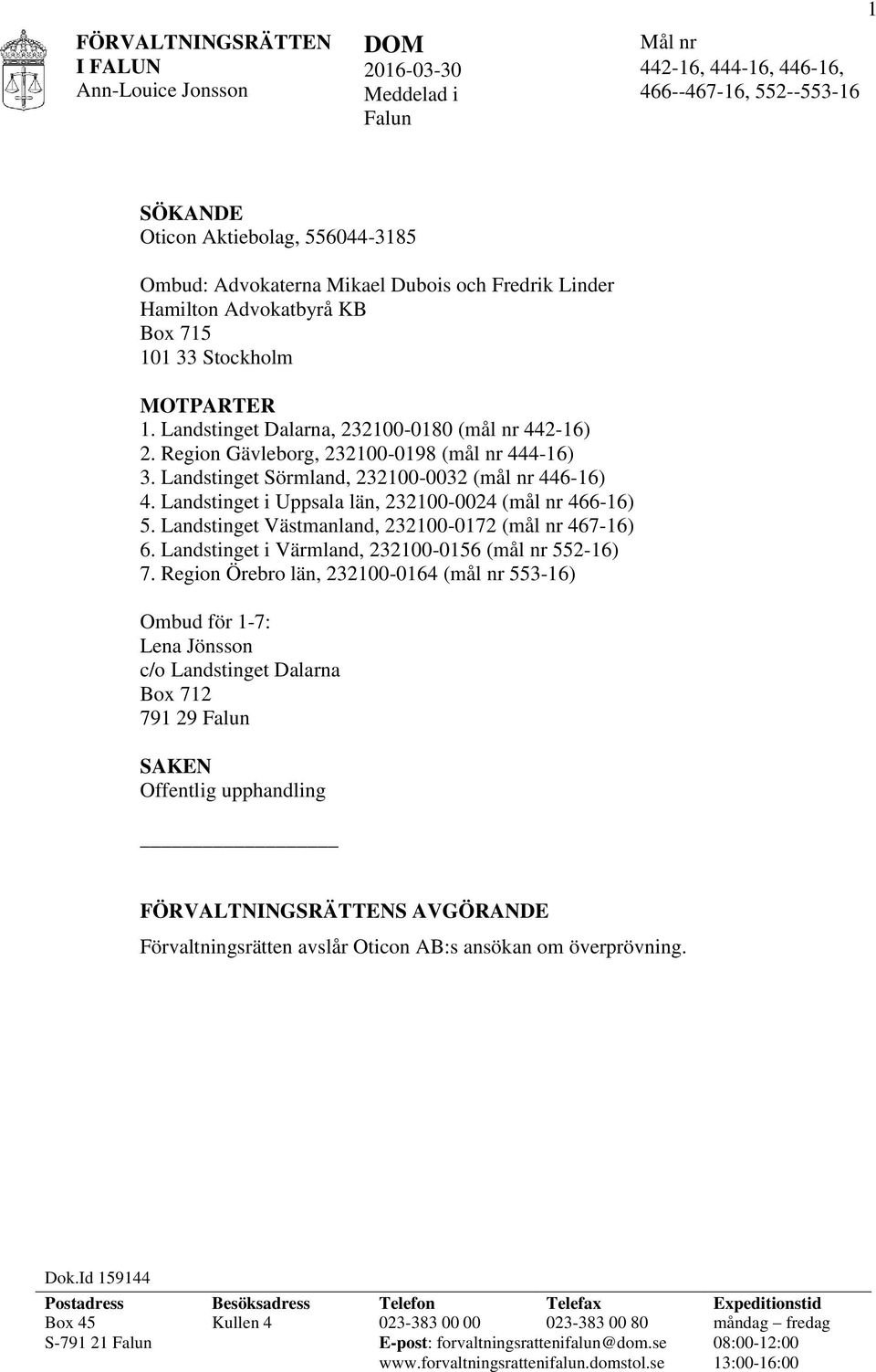 Landstinget Sörmland, 232100-0032 (mål nr 446-16) 4. Landstinget i Uppsala län, 232100-0024 (mål nr 466-16) 5. Landstinget Västmanland, 232100-0172 (mål nr 467-16) 6.