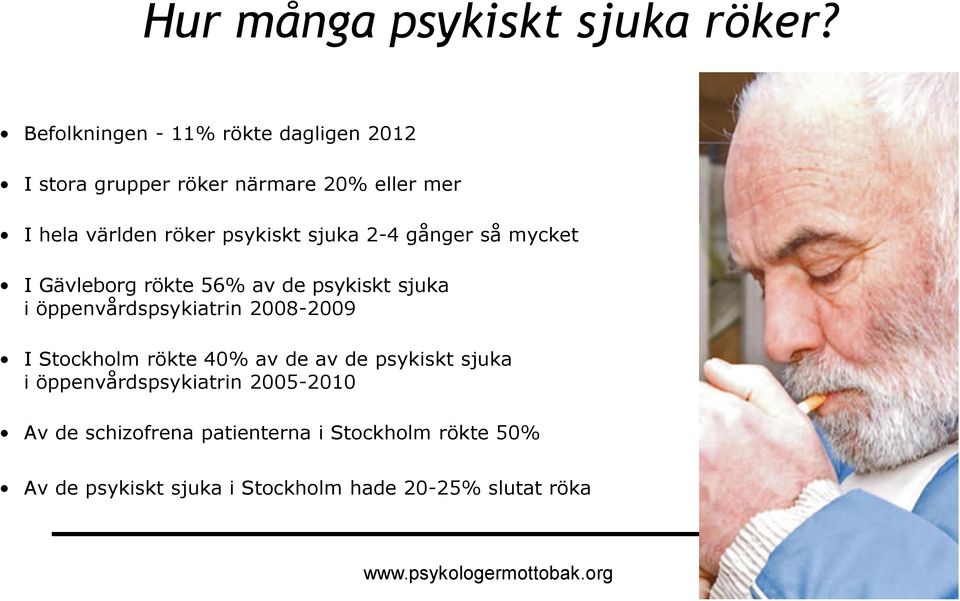 psykiskt sjuka 2-4 gånger så mycket I Gävleborg rökte 56% av de psykiskt sjuka i öppenvårdspsykiatrin