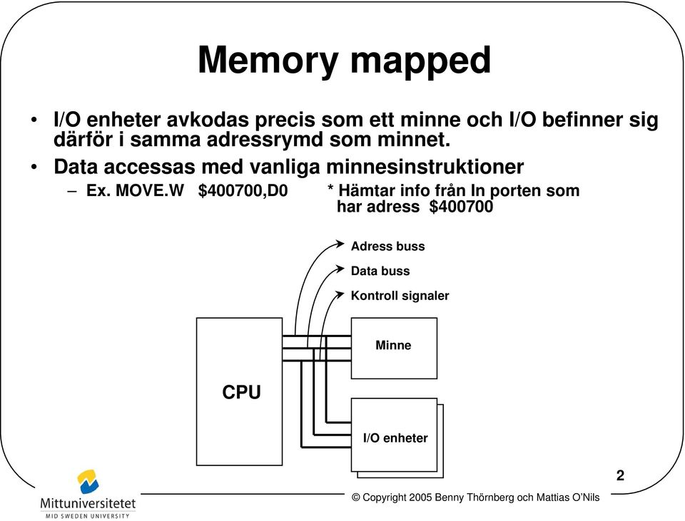 Data accessas med vanliga minnesinstruktioner Ex. MOVE.