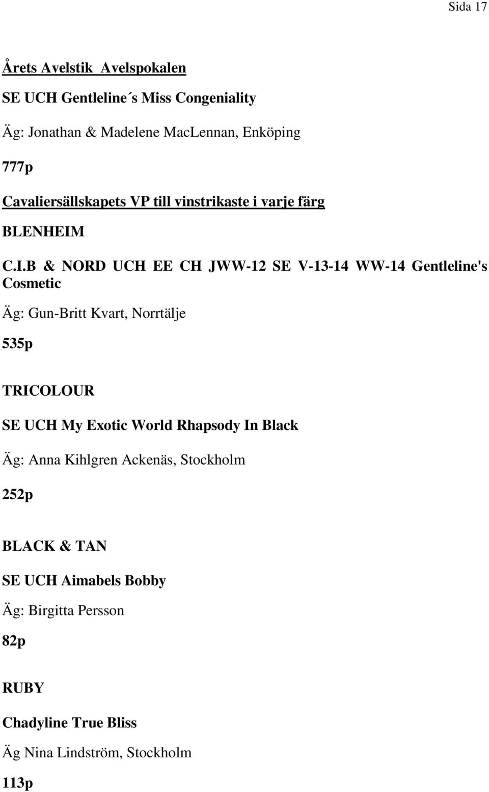 C.I.B & NORD UCH EE CH JWW-12 SE V-13-14 WW-14 Gentleline's Cosmetic Äg: Gun-Britt Kvart, Norrtälje 535p TRICOLOUR SE UCH My