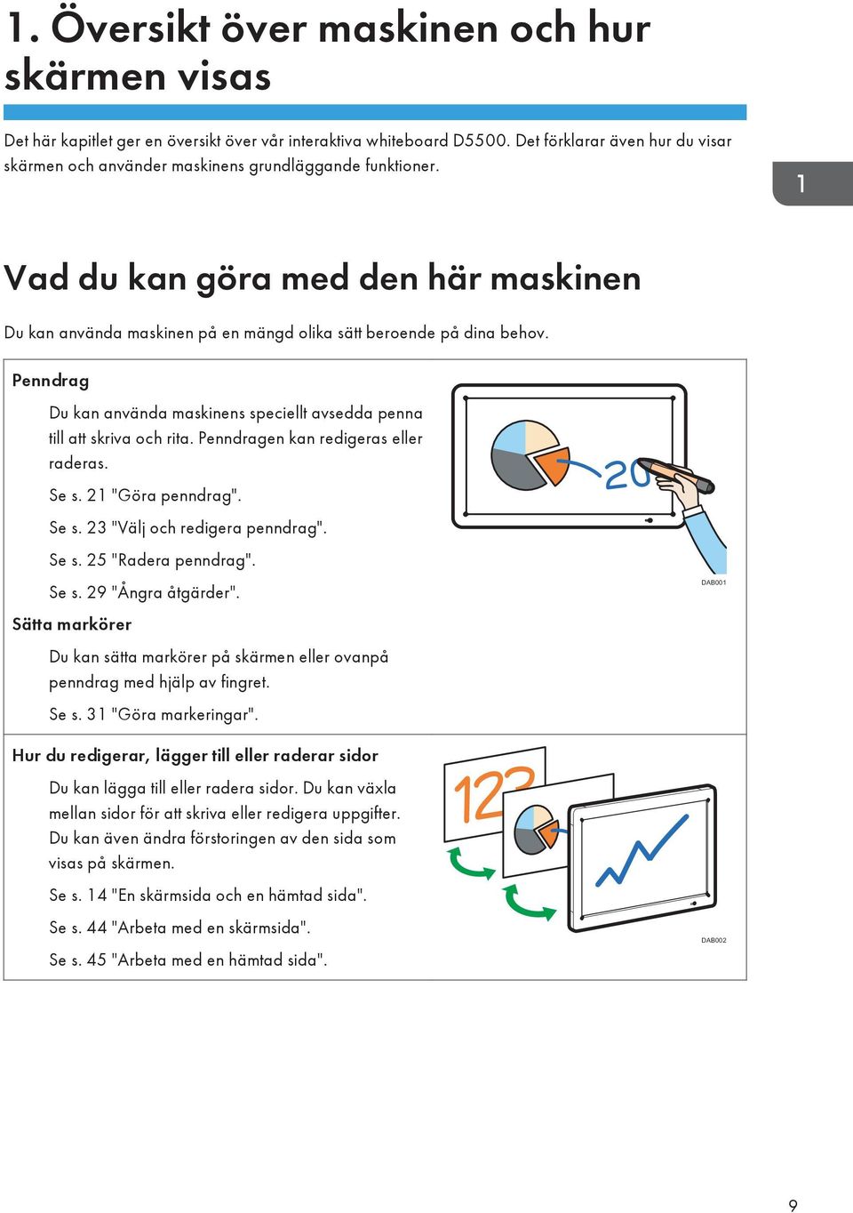 Penndrag Du kan använda maskinens speciellt avsedda penna till att skriva och rita. Penndragen kan redigeras eller raderas. Se s. 21 "Göra penndrag". Se s. 23 "Välj och redigera penndrag". Se s. 25 "Radera penndrag".