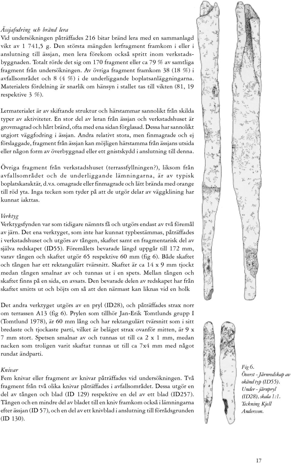 Totalt rörde det sig om 170 fragment eller ca 79 % av samtliga fragment från undersökningen. Av övriga fragment framkom 38 (18 %) i avfallsområdet och 8 (4 %) i de underliggande boplatsanläggningarna.