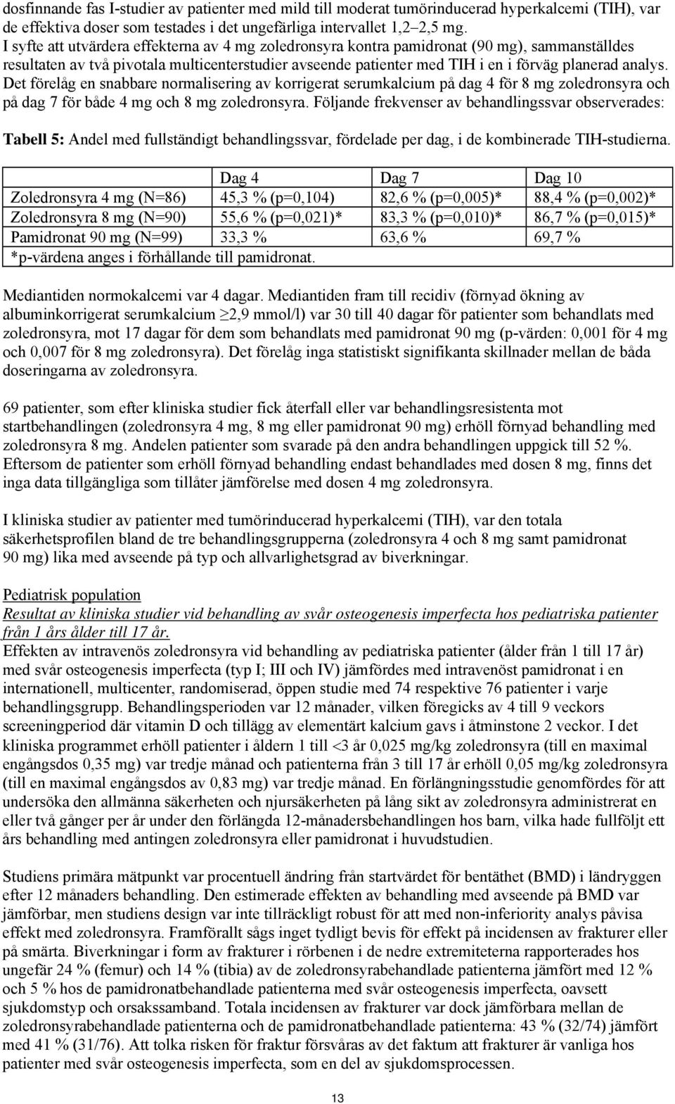 Det förelåg en snabbare normalisering av korrigerat serumkalcium på dag 4 för 8 mg zoledronsyra och på dag 7 för både 4 mg och 8 mg zoledronsyra.