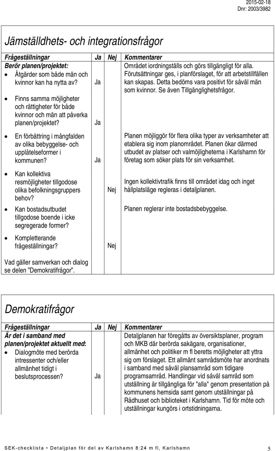 Området iordningställs och görs tillgängligt för alla. Förutsättningar ges, i planförslaget, för att arbetstillfällen kan skapas. Detta bedöms vara positivt för såväl män som kvinnor.