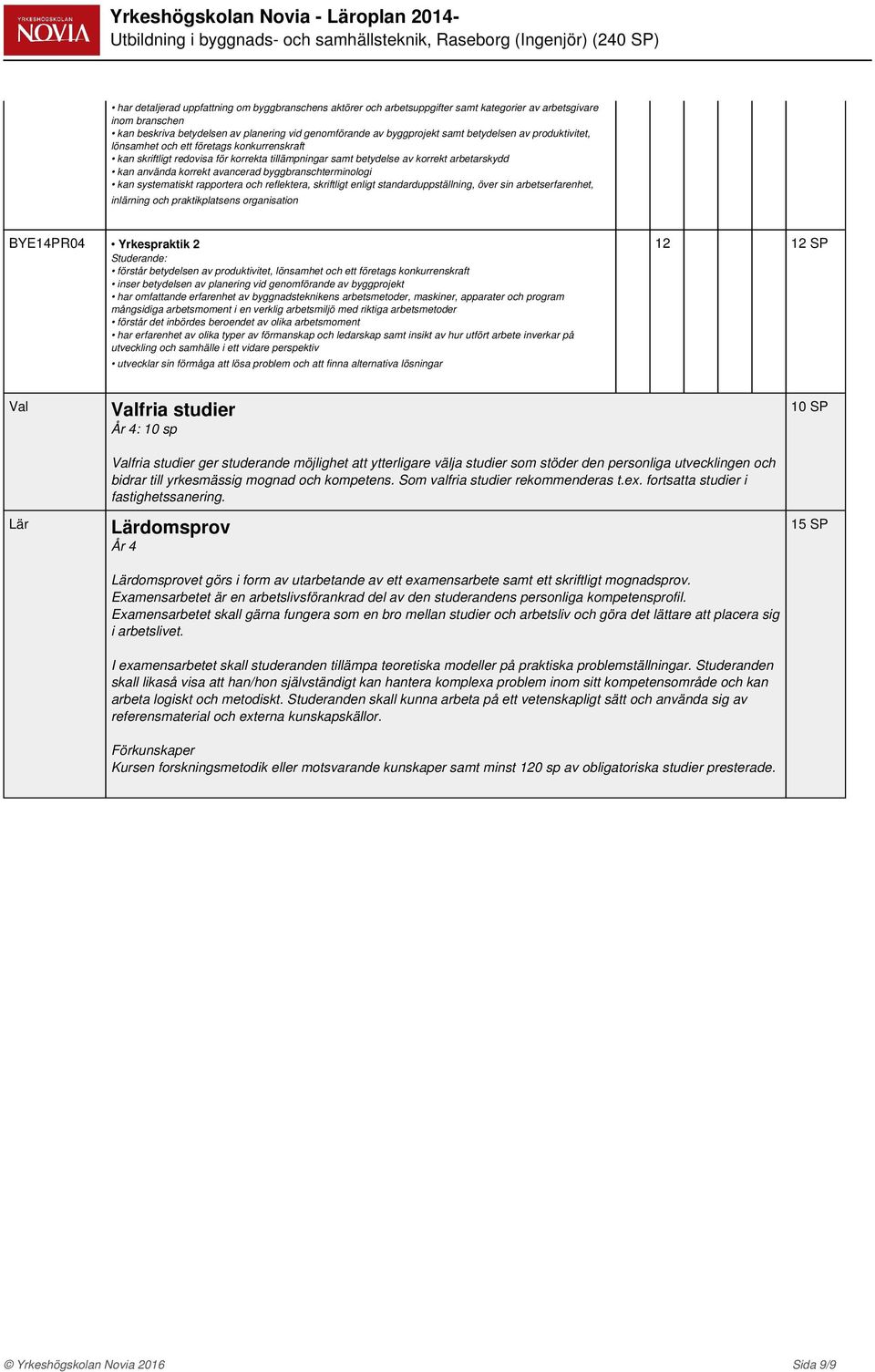 byggbranschterminologi kan systematiskt rapportera och reflektera, skriftligt enligt standarduppställning, över sin arbetserfarenhet, inlärning och praktikplatsens organisation BYE14PR04 Yrkespraktik