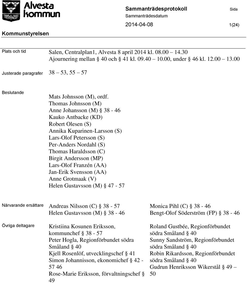 Thomas Johnsson (M) Anne Johansson (M) 38-46 Kauko Antbacke (KD) Robert Olesen (S) Annika Kuparinen-Larsson (S) Lars-Olof Petersson (S) Per-Anders Nordahl (S) Thomas Haraldsson (C) Birgit Andersson