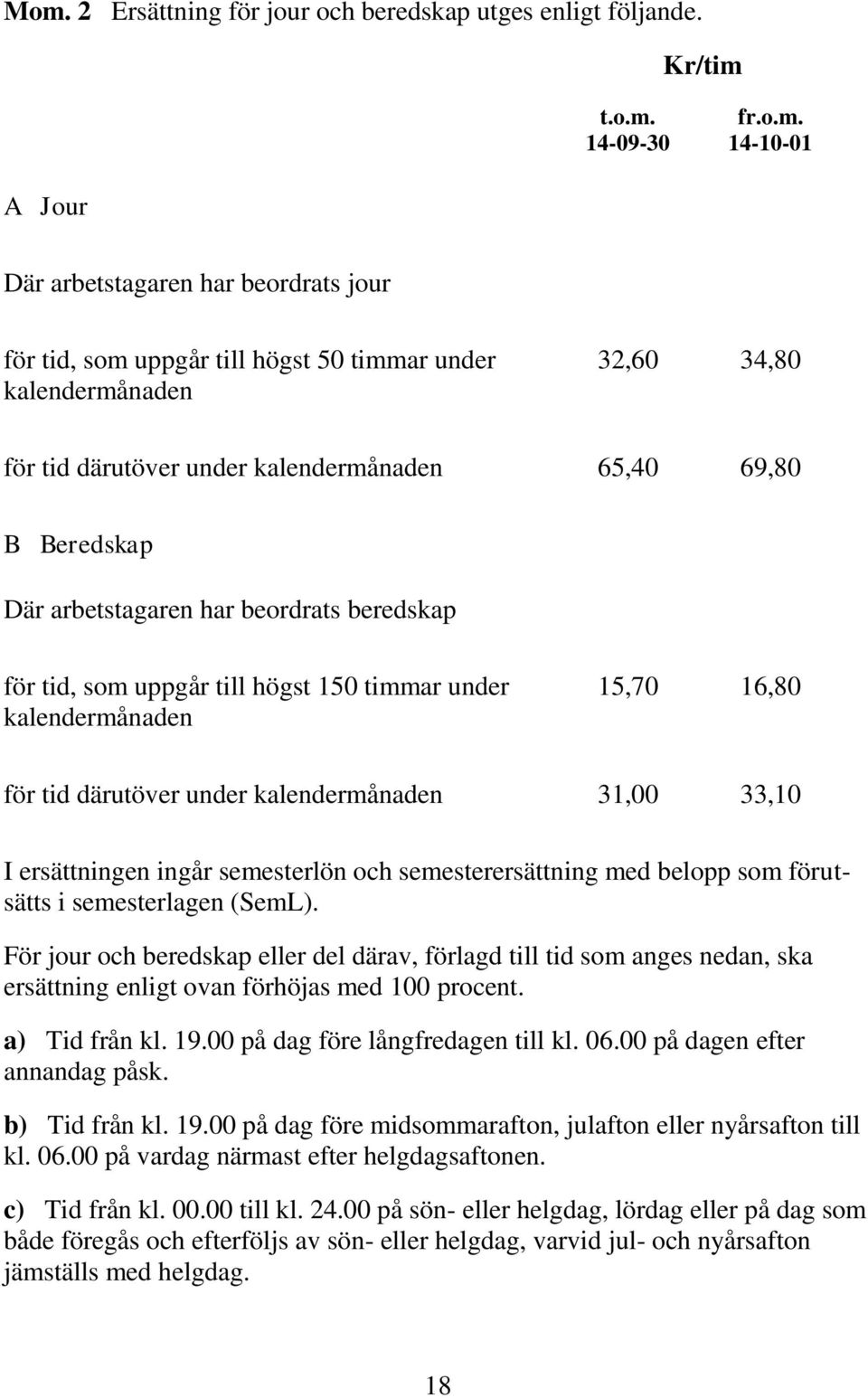 15,70 16,80 för tid därutöver under kalendermånaden 31,00 33,10 I ersättningen ingår semesterlön och semesterersättning med belopp som förutsätts i semesterlagen (SemL).