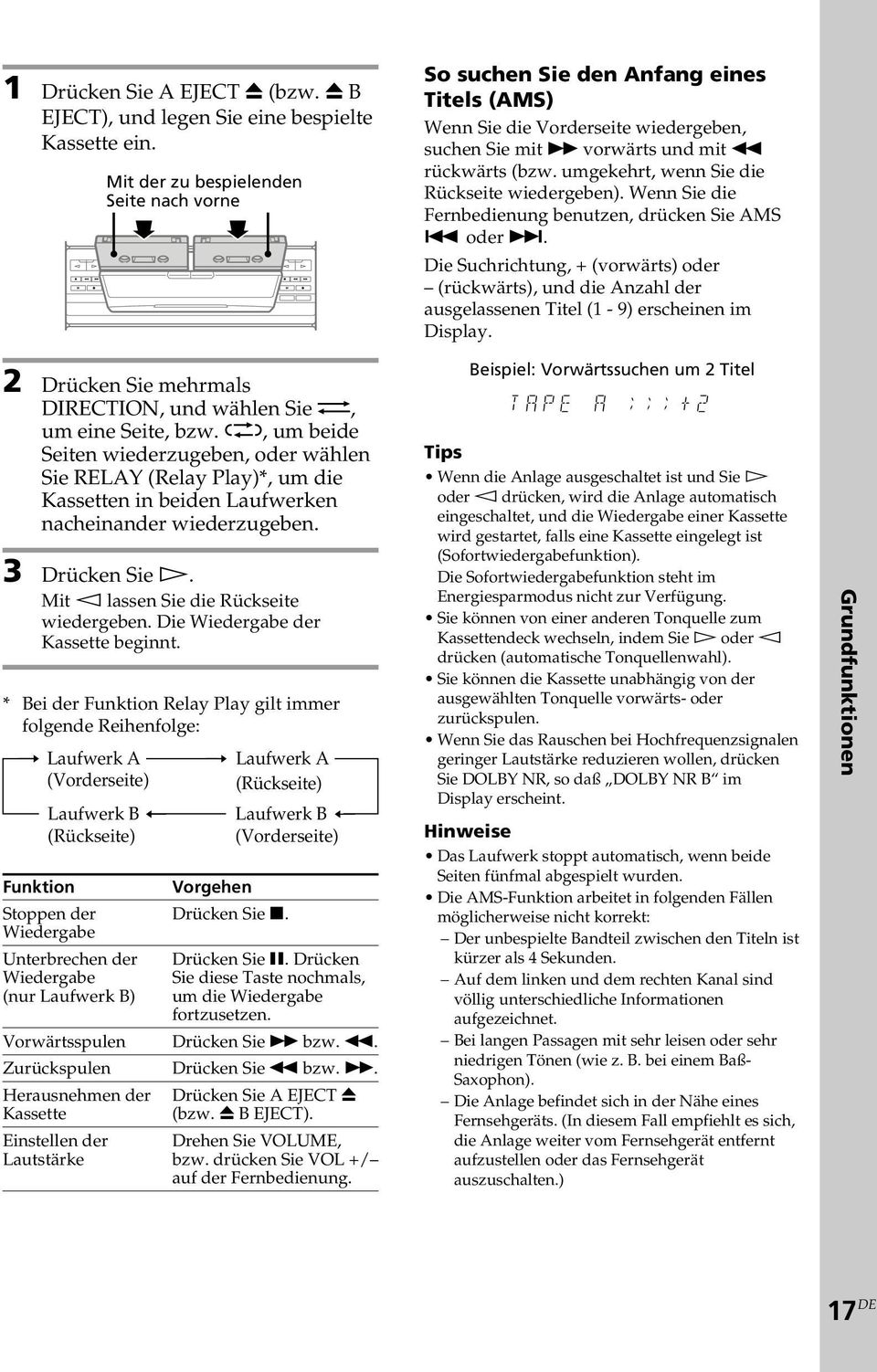 j, um beide Seiten wiederzugeben, oder wählen Sie RELAY (Relay Play)*, um die Kassetten in beiden Laufwerken nacheinander wiederzugeben. 3 Drücken Sie H. Mit h lassen Sie die Rückseite wiedergeben.