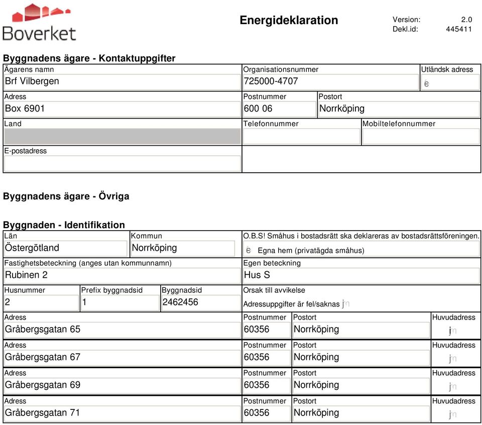 E-postadress Byggnadens ägare - Övriga Byggnaden - Identifikation Län Östergötland Kommun Fastighetsbeteckning (anges utan kommunnamn) Rubinen 2 Husnummer 2 Gråbergsgatan