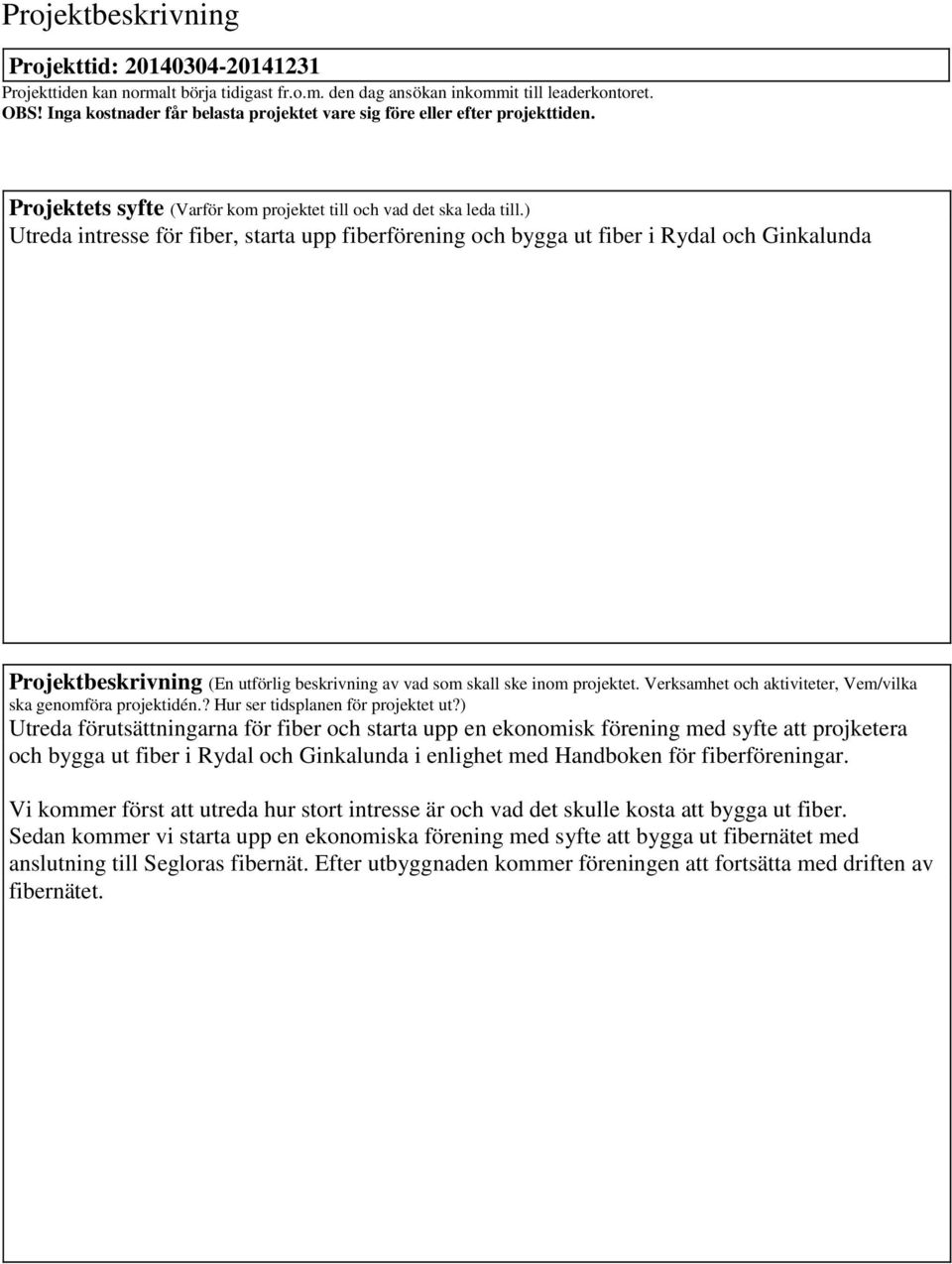 ) Utreda intresse för fiber, starta upp fiberförening och bygga ut fiber i Rydal och Ginkalunda Projektbeskrivning (En utförlig beskrivning av vad som skall ske inom projektet.