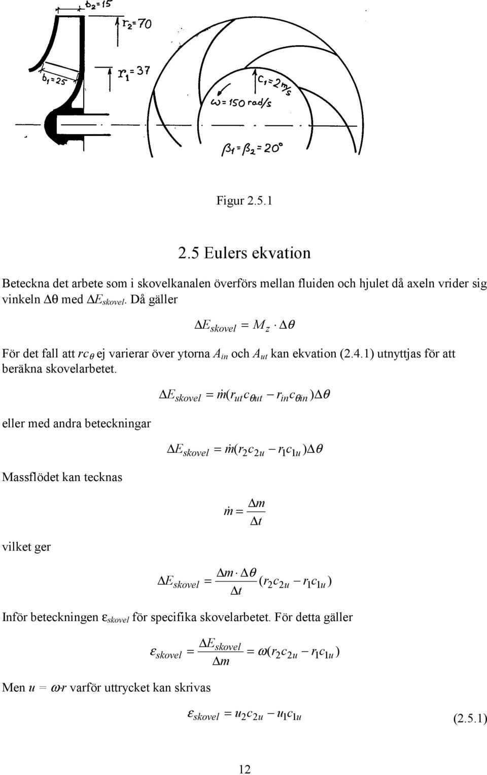 eller med andra beteckningar Massflödet kan tecknas vilket ger Eskovel = m ( rutcθut rincθin ) θ E = m ( r c rc ) E skovel u 1 1u θ m m = t m θ = ( rc rc 1 1 ) t