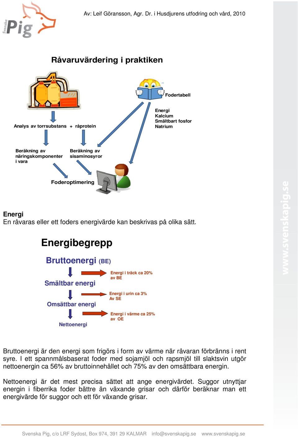 Energibegrepp Bruttoenergi (BE) Smältbar energi Omsättbar energi Nettoenergi Energi i träck ca 20% av BE Energi i urin ca 3% Av SE Energi i värme ca 25% av OE Bruttoenergi är den energi som frigörs i