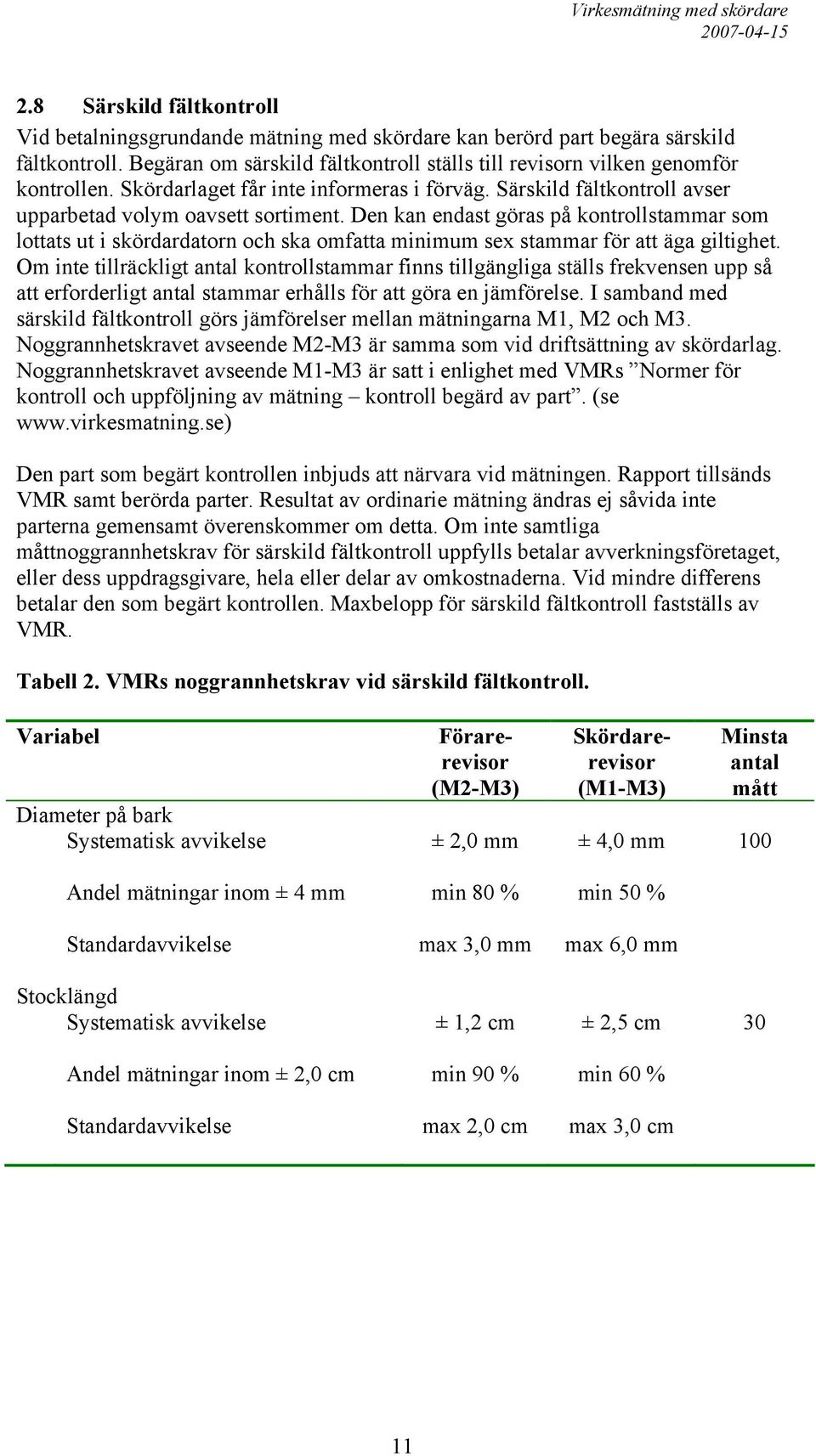 Den kan endast göras på kontrollstammar som lottats ut i skördardatorn och ska omfatta minimum sex stammar för att äga giltighet.