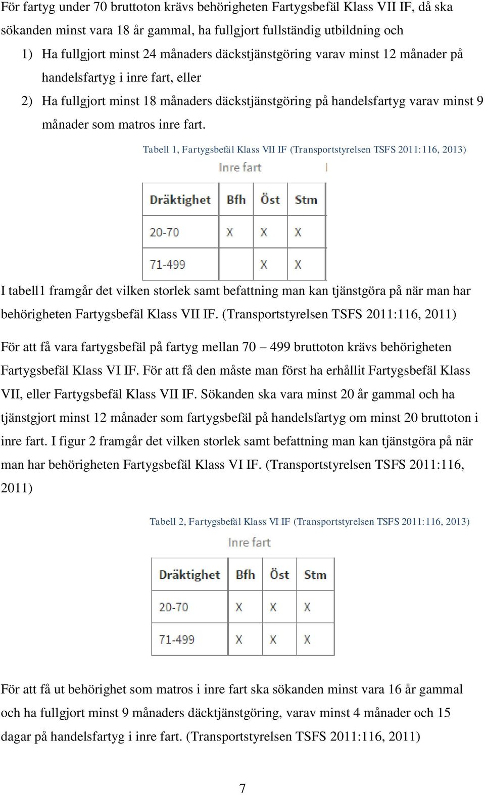 Tabell 1, Fartygsbefäl Klass VII IF (Transportstyrelsen TSFS 2011:116, 2013) I tabell1 framgår det vilken storlek samt befattning man kan tjänstgöra på när man har behörigheten Fartygsbefäl Klass VII