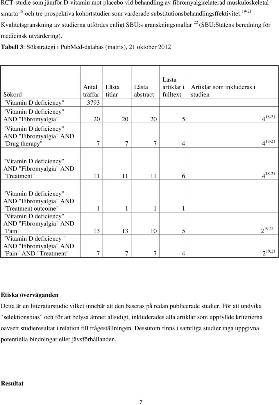 Tabell 3: Sökstrategi i PubMed-databas (matris), 21 oktober 2012 Sökord Antal träffar Lästa titlar Lästa abstract Lästa artiklar i fulltext Artiklar som inkluderas i studien "Vitamin D deficiency"