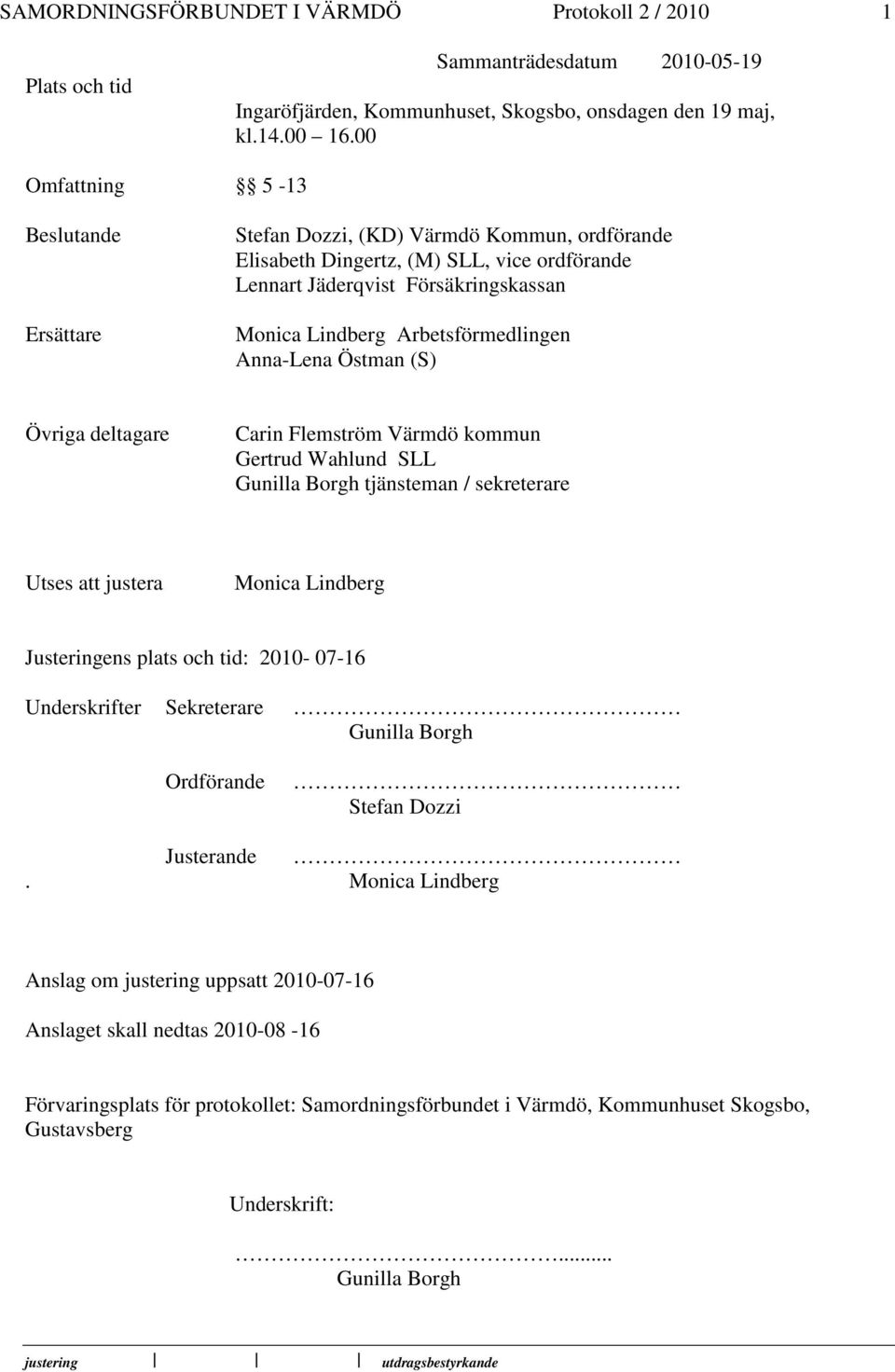 Övriga deltagare Carin Flemström Värmdö kommun Gertrud Wahlund SLL Gunilla Borgh tjänsteman / sekreterare Utses att justera Monica Lindberg Justeringens plats och tid: 2010-07-16 Underskrifter