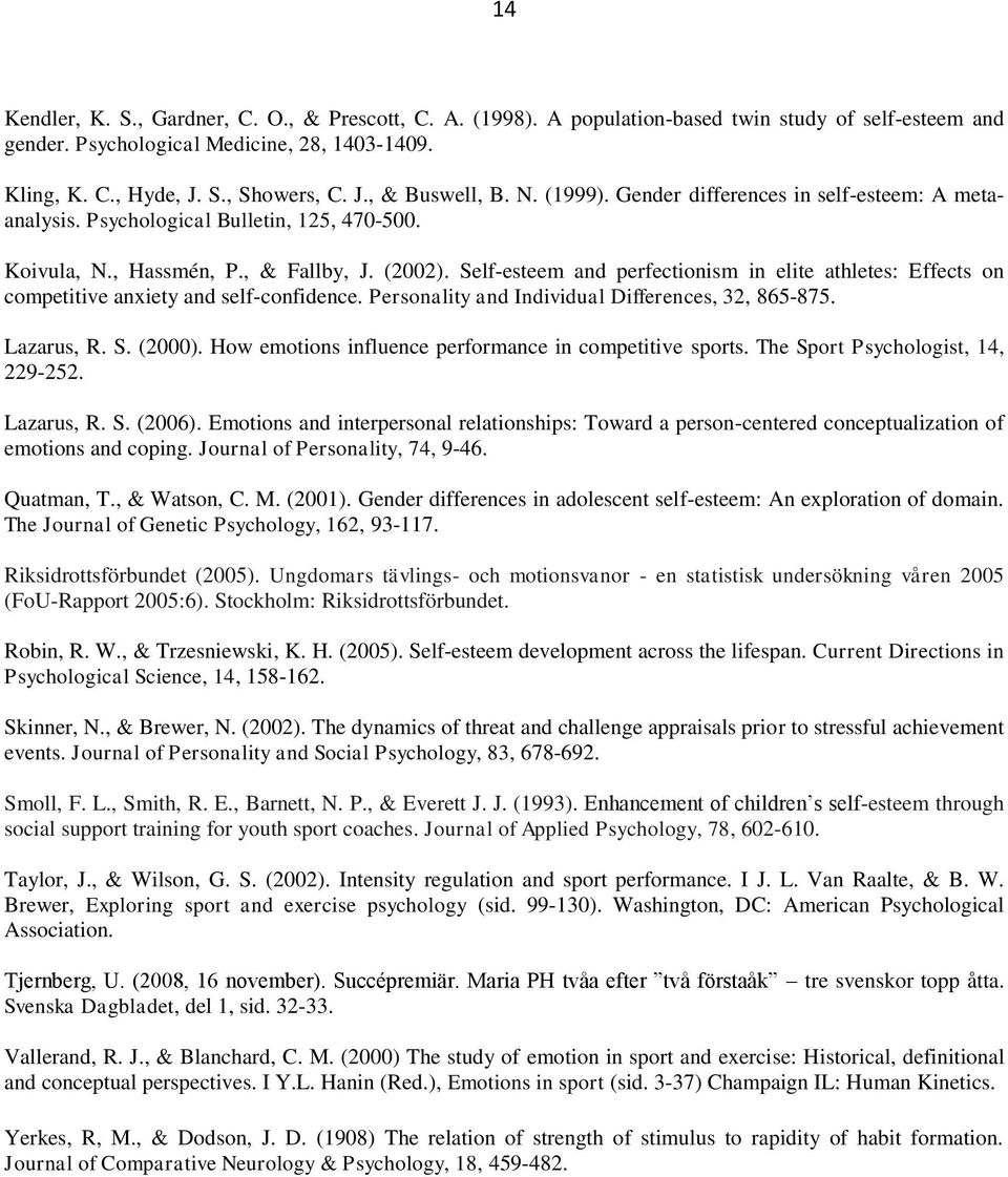 Self-esteem and perfectionism in elite athletes: Effects on competitive anxiety and self-confidence. Personality and Individual Differences, 32, 865-875. Lazarus, R. S. (2000).