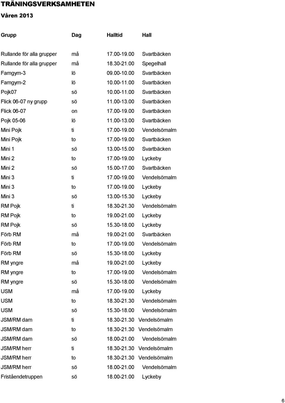 00-19.00 Vendelsömalm Mini Pojk to 17.00-19.00 Svartbäcken Mini 1 sö 13.00-15.00 Svartbäcken Mini 2 to 17.00-19.00 Lyckeby Mini 2 sö 15.00-17.00 Svartbäcken Mini 3 ti 17.00-19.00 Vendelsömalm Mini 3 to 17.