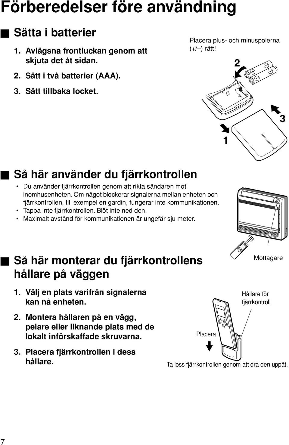 Om något blockerar signalerna mellan enheten och fjärrkontrollen, till exempel en gardin, fungerar inte kommunikationen. Tappa inte fjärrkontrollen. Blöt inte ned den.