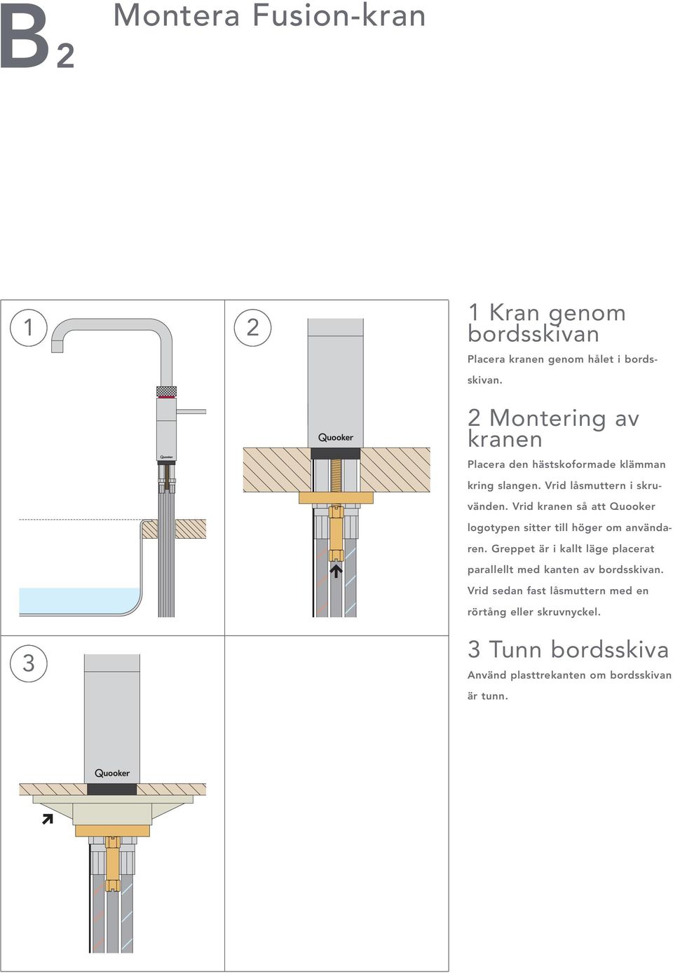 Vrid kranen så att Quooker logotypen sitter till höger om användaren.