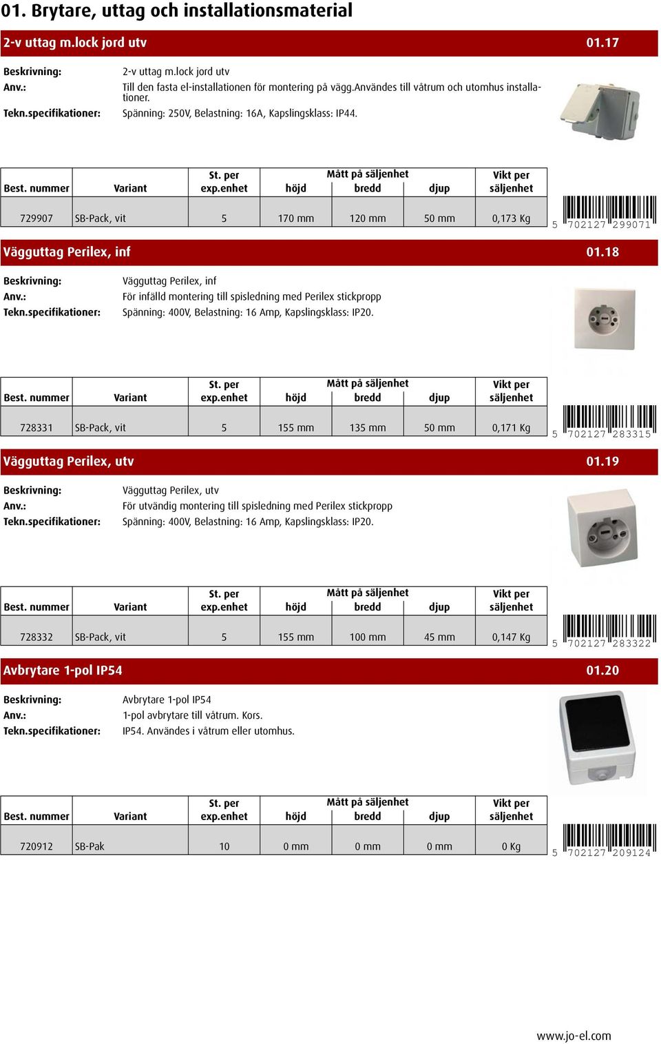 18 Vägguttag Perilex, inf För infälld montering till spisledning med Perilex stickpropp Spänning: 400V, Belastning: 16 Amp, Kapslingsklass: IP20.