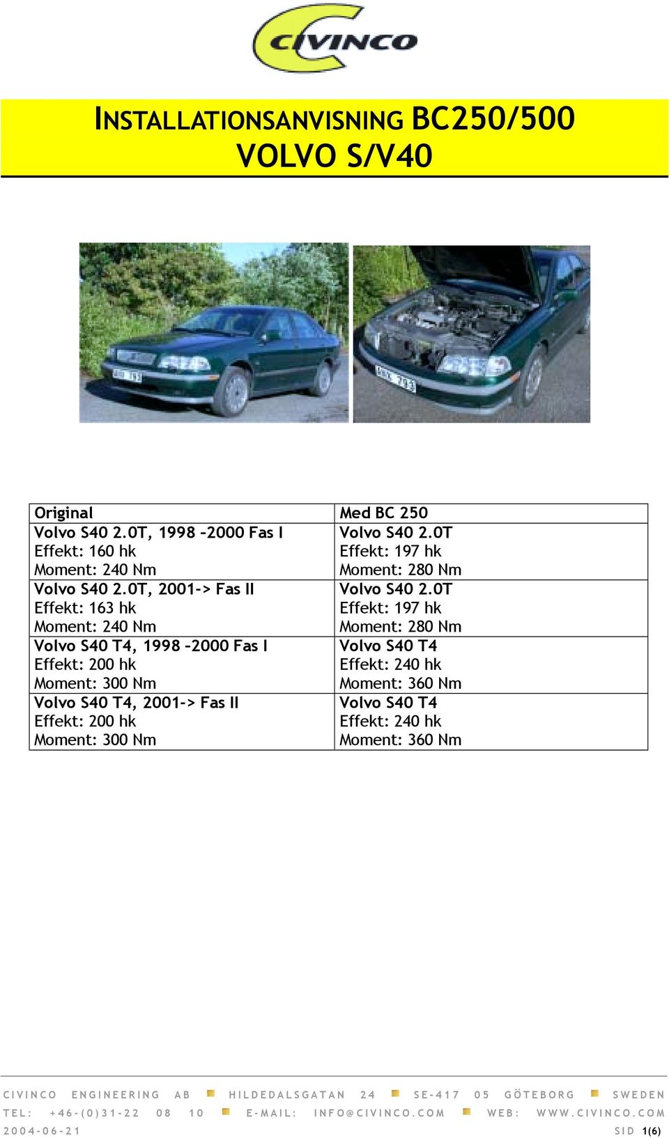 0T, 2001-> Fas II Effekt: 163 hk Moment: 240 Nm Volvo S40 T4, 1998 2000 Fas I Effekt: 200 hk Moment: 300 Nm Volvo S40 T4,