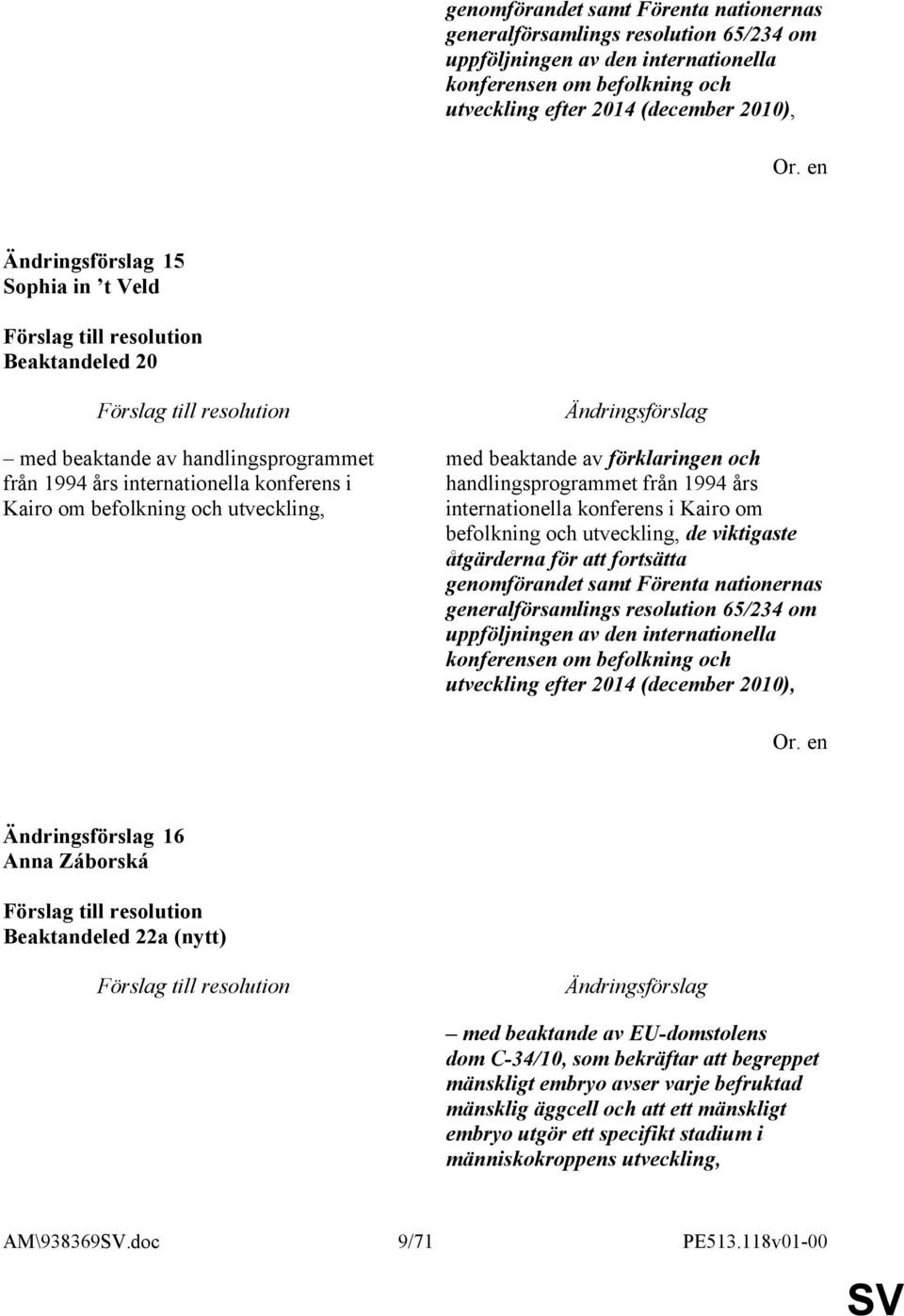 års internationella konferens i Kairo om befolkning och utveckling, de viktigaste åtgärderna för att fortsätta genomförandet samt Förenta nationernas generalförsamlings resolution 65/234 om