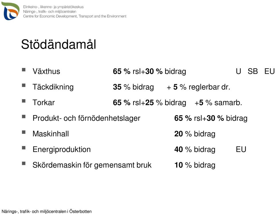 Produkt- och förnödenhetslager Maskinhall 65 % rsl+30 % bidrag 20 %