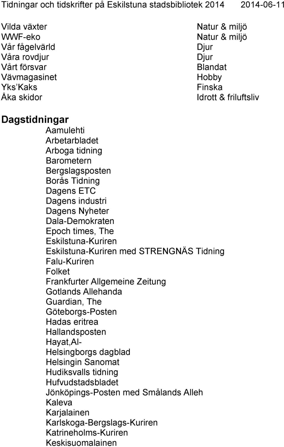 Falu-Kuriren Folket Frankfurter Allgemeine Zeitung Gotlands Allehanda Guardian, The Göteborgs-Posten Hadas eritrea Hallandsposten Hayat,Al- Helsingborgs dagblad