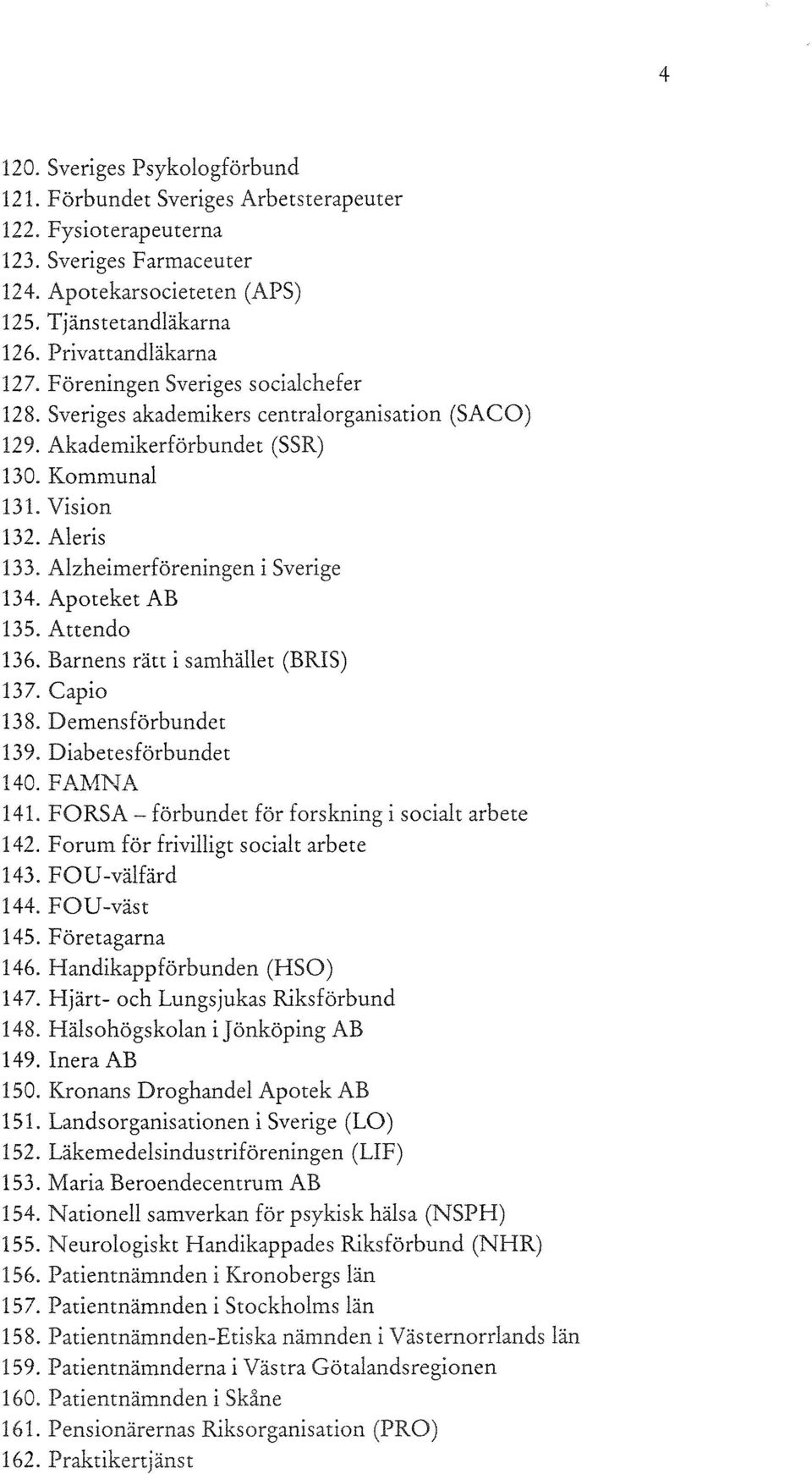 Alzheimerf öreningen i Sverige 134. Apoteket AB 135. Attendo 136. Barnens rätt i samhället (BRIS) 137. Cap i o 138. Demensförbundet 139. Diabetesförbundet 140. FAMNA 141.