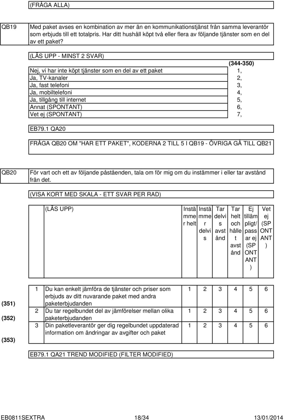 (LÄS UPP - MINST SVAR) Nej, vi har inte köpt tjänster som en del av ett paket Ja, TV-kanaler Ja, fast telefoni Ja, mobiltelefoni Ja, tillgång till internet Annat (SPONTANT) (-50),,,, 5, 6, 7, EB79.