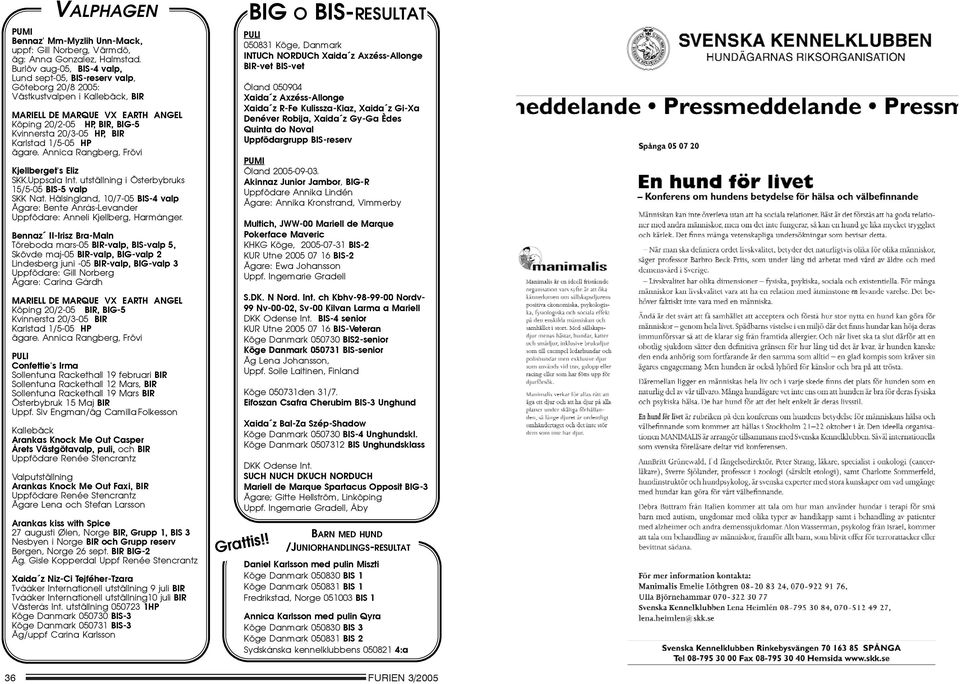 Karlstad 1/5-05 HP ägare. Annica Rangberg, Frövi Kjellberget's Eliz SKK.Uppsala Int. utställning i Österbybruks 15/5-05 BIS-5 valp SKK Nat.