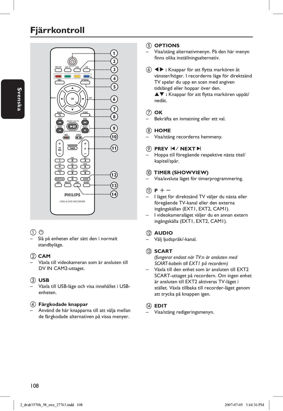 9 10 h HOME Visa/stäng recorderns hemmeny. 11 i PREV í/ NEXTë Hoppa till föregående respektive nästa titel/ kapitel/spår.