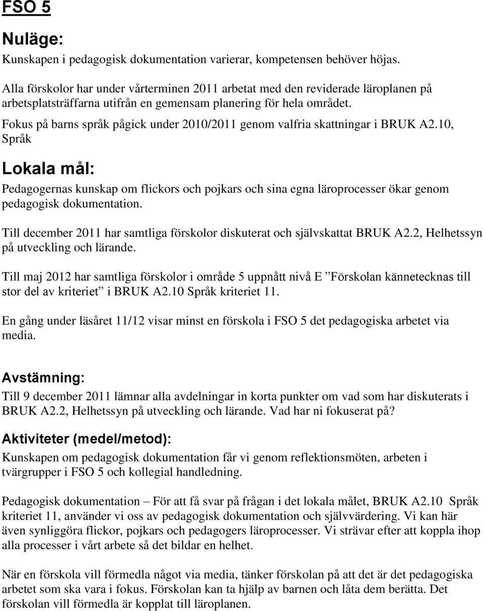 Fokus på barns språk pågick under 2010/2011 genom valfria skattningar i BRUK A2.10, Språk Pedagogernas kunskap om flickors och pojkars och sina egna läroprocesser ökar genom pedagogisk dokumentation.