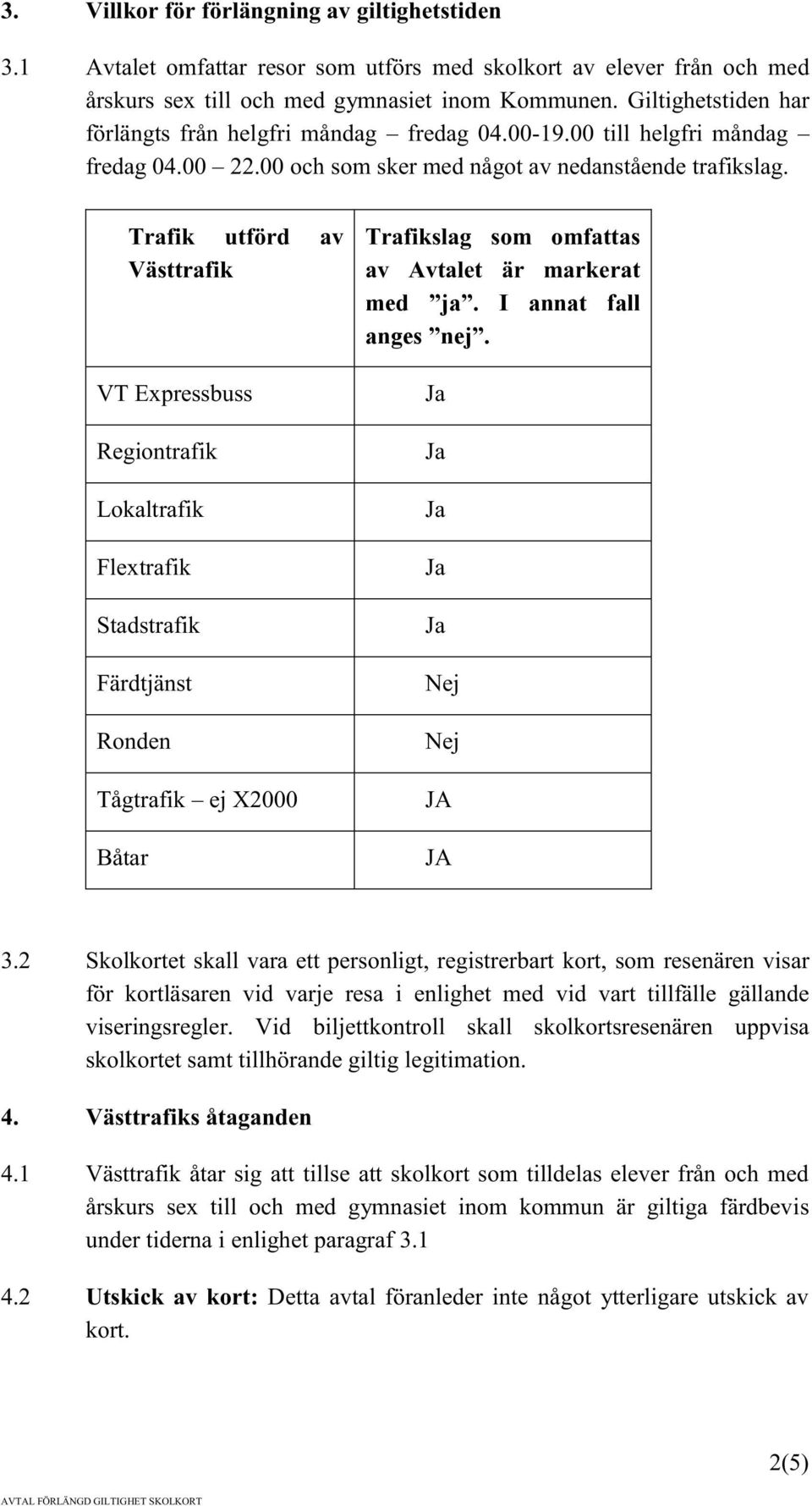 Trafik utförd av Västtrafik VT Expressbuss Regiontrafik Lokaltrafik Flextrafik Stadstrafik Färdtjänst Ronden Tågtrafik ej X2000 Båtar Trafikslag som omfattas av Avtalet är markerat med ja.