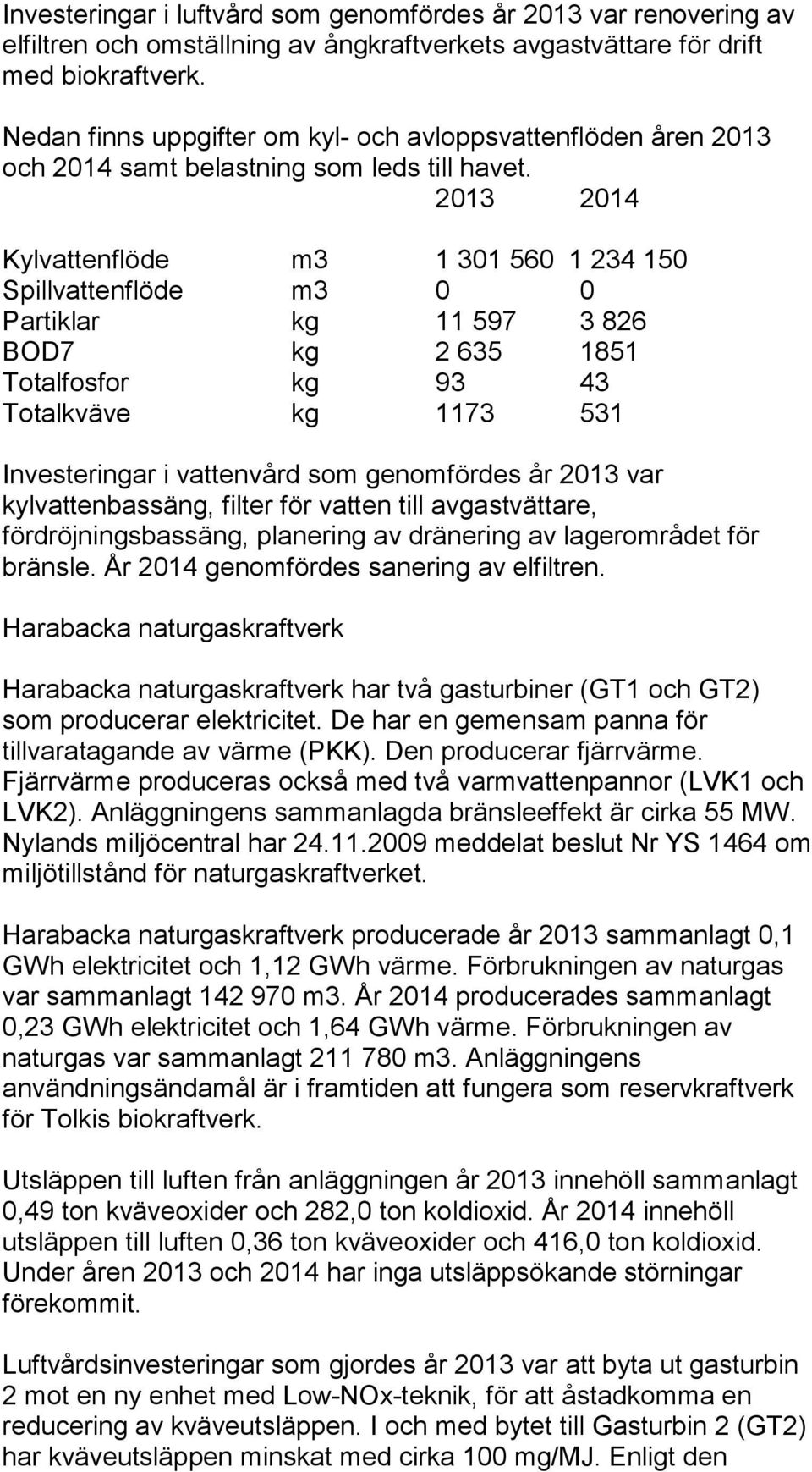 2013 2014 Kylvattenflöde m3 1 301 560 1 234 150 Spillvattenflöde m3 0 0 Partiklar kg 11 597 3 826 BOD7 kg 2 635 1851 Totalfosfor kg 93 43 Totalkväve kg 1173 531 Investeringar i vattenvård som