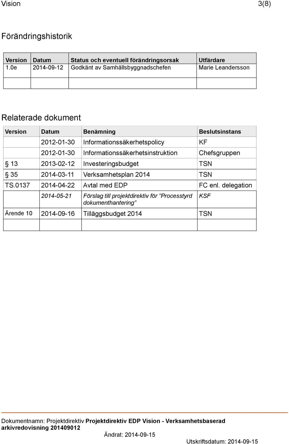 Informationssäkerhetspolicy KF 2012-01-30 Informationssäkerhetsinstruktion Chefsgruppen 13 2013-02-12 Investeringsbudget TSN 35 2014-03-11