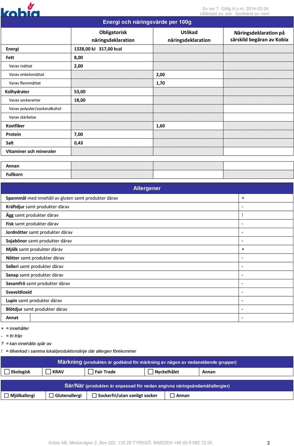 Näringsdeklaration på särskild begäran av Kobia Annan Fullkorn Allergener Spannmål med innehåll av gluten samt produkter därav + Kräftdjur samt produkter därav Ägg samt produkter därav!