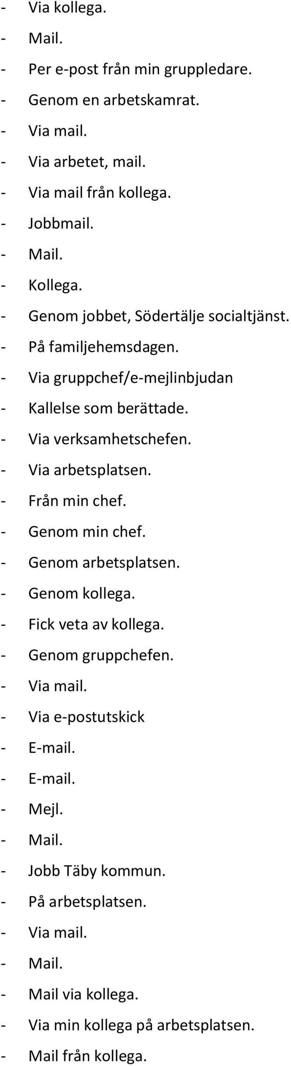 - Via arbetsplatsen. - Från min chef. - Genom min chef. - Genom arbetsplatsen. - Genom kollega. - Fick veta av kollega. - Genom gruppchefen.