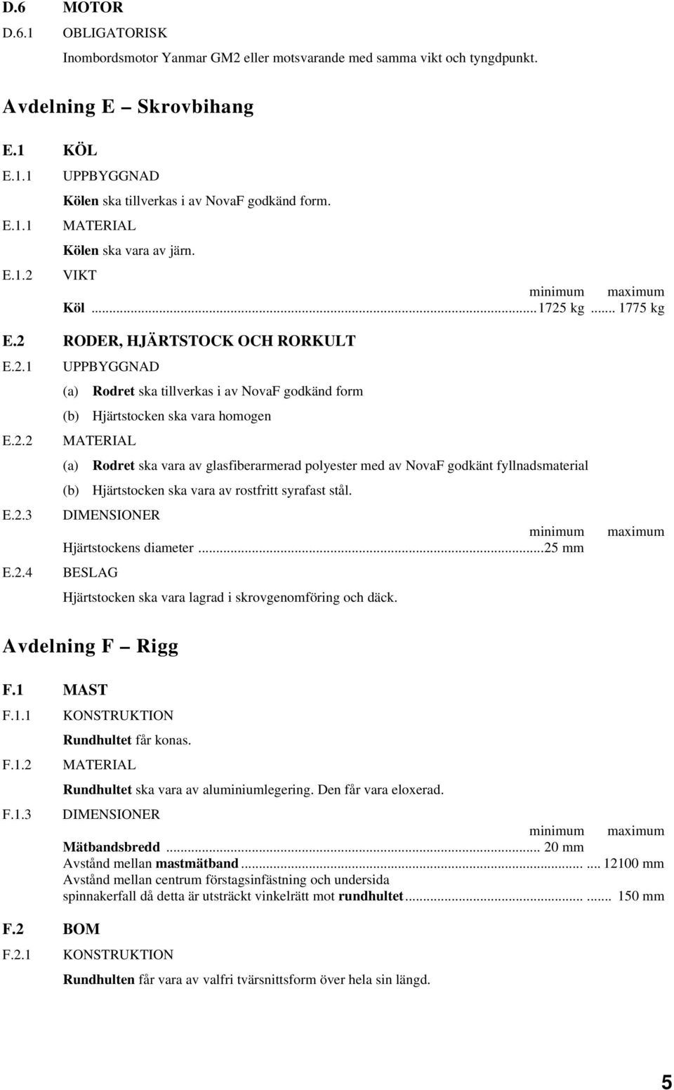 2.2 MATERIAL (a) Rodret ska vara av glasfiberarmerad polyester med av NovaF godkänt fyllnadsmaterial (b) Hjärtstocken ska vara av rostfritt syrafast stål. E.2.3 minimum Hjärtstockens diameter...25 mm E.