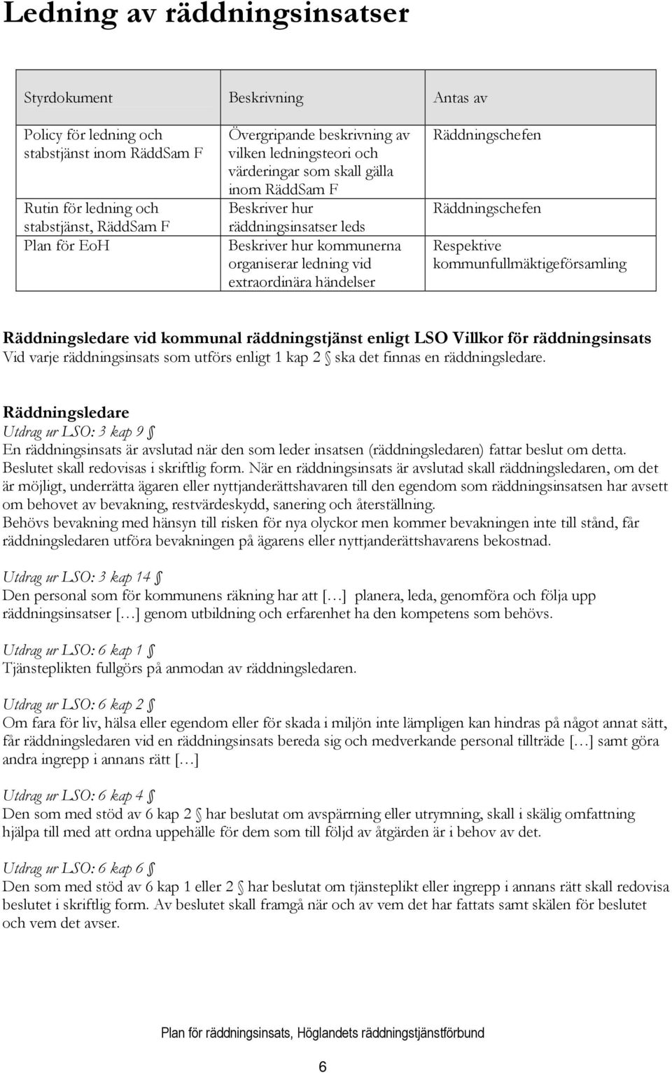 Räddningschefen Respektive kommunfullmäktigeförsamling Räddningsledare vid kommunal räddningstjänst enligt LSO Villkor för räddningsinsats Vid varje räddningsinsats som utförs enligt 1 kap 2 ska det