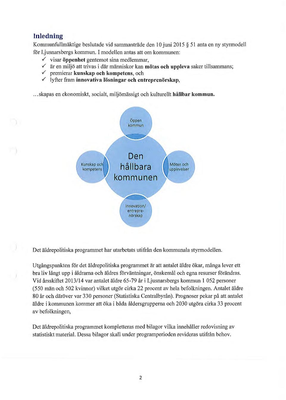 .. skapas en ekonomiskt, socialt, miljömässigt och kulturellt hållbar kommun. Den hållbara kommunen Det äldrepolitiska programmet har utarbetats utifrån den kommunala styrmodellen.