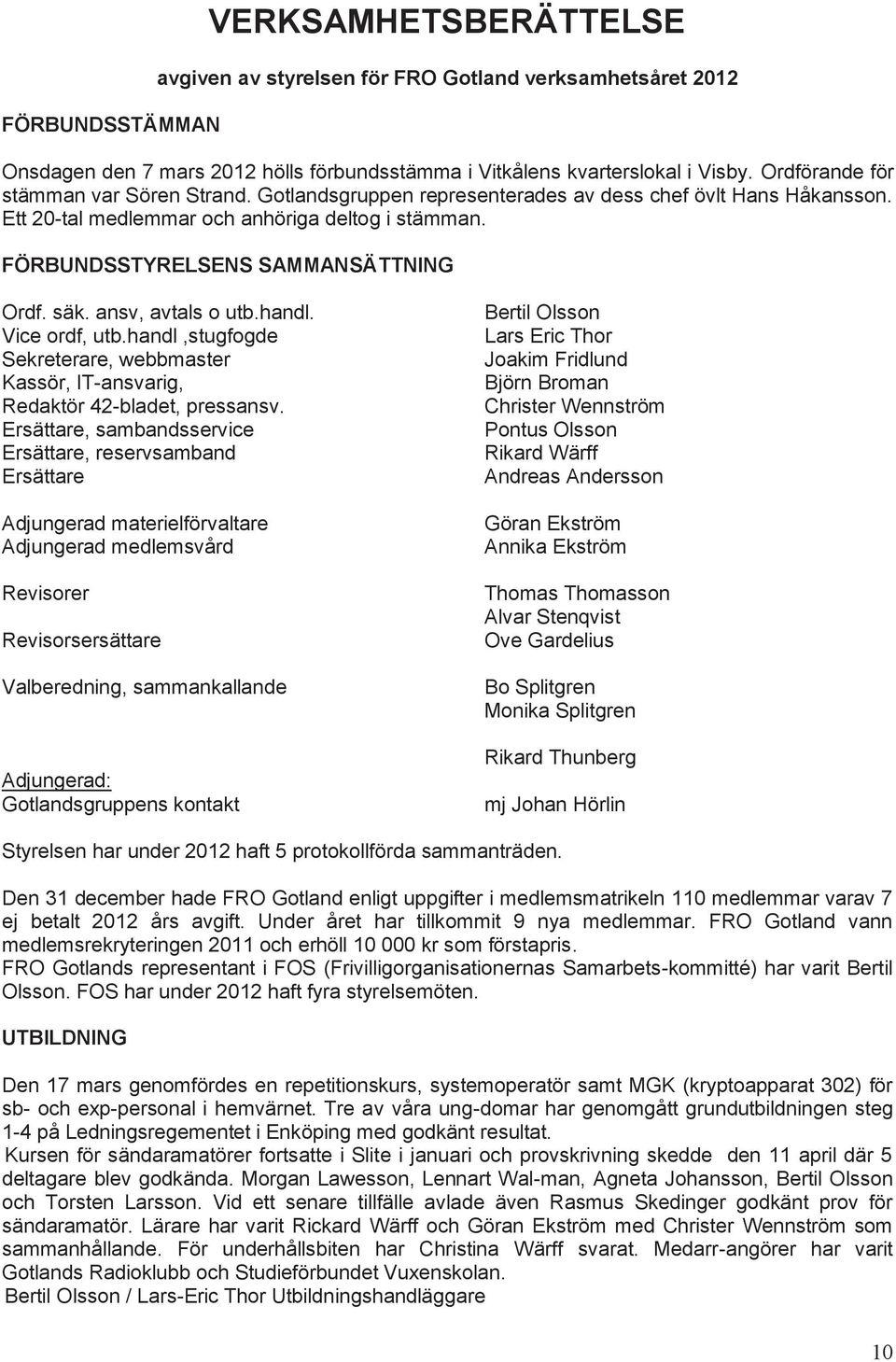 säk. ansv, avtals o utb.handl. Vice ordf, utb.handl,stugfogde Sekreterare, webbmaster Kassör, IT-ansvarig, Redaktör 42-bladet, pressansv.